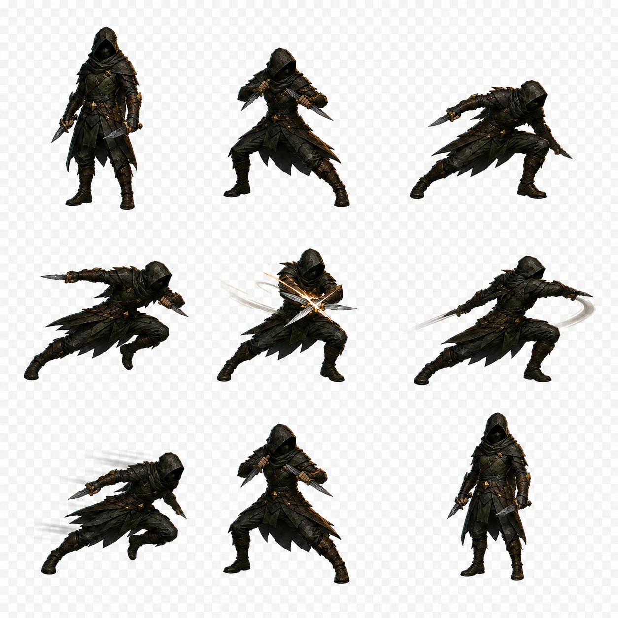 Rogue painted pose sheet: nine figures on a three by three grid