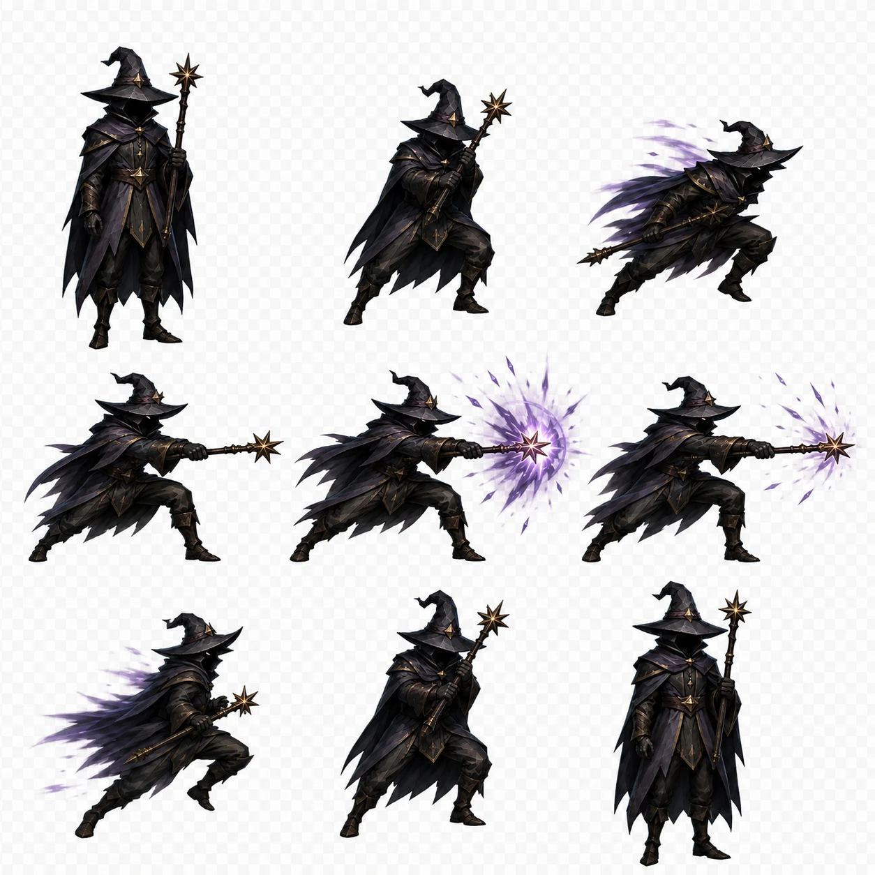 Starseer painted pose sheet: nine figures on a three by three grid