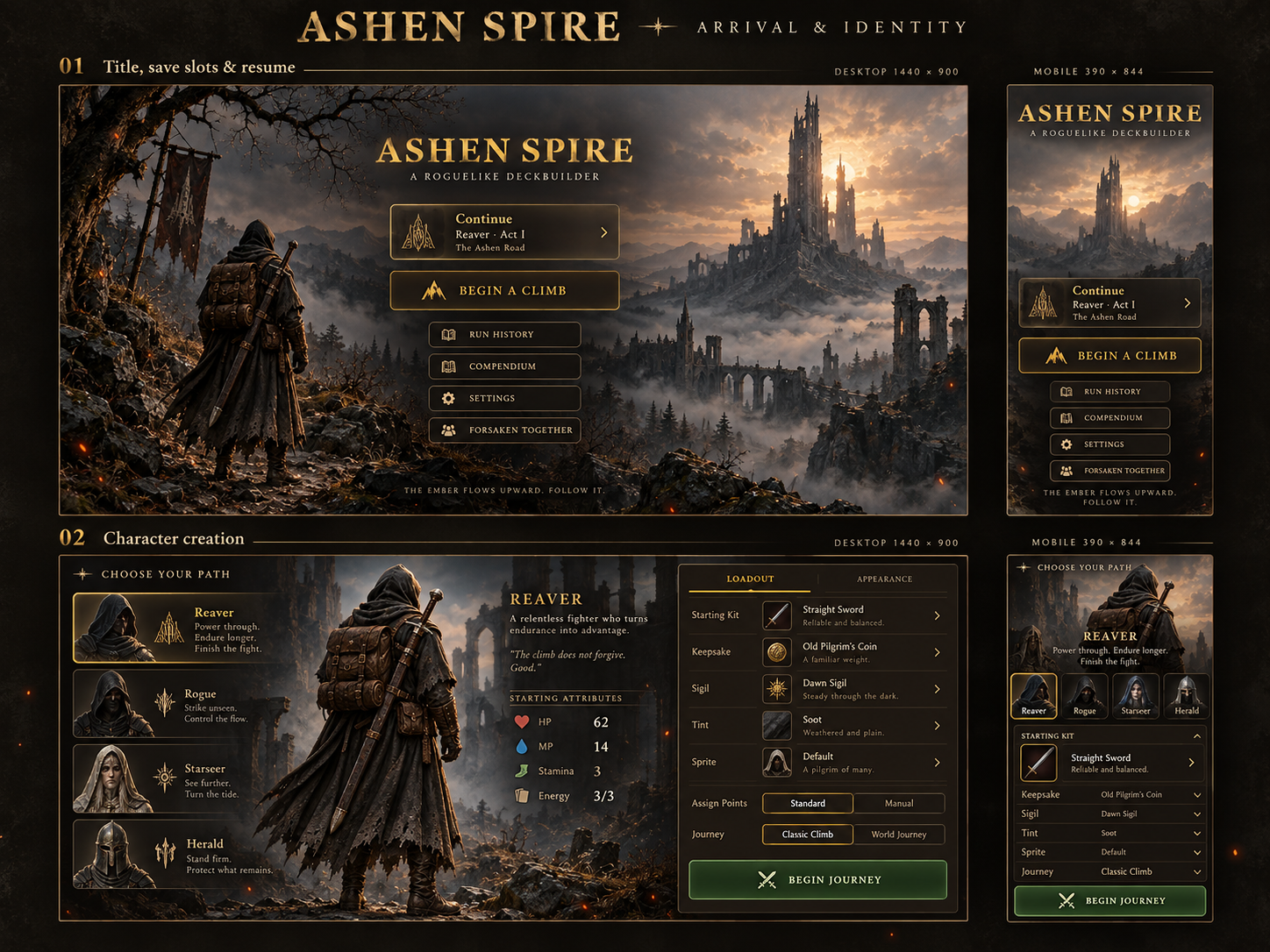 Title, save slots & resume and Character creation: desktop and mobile concept artwork