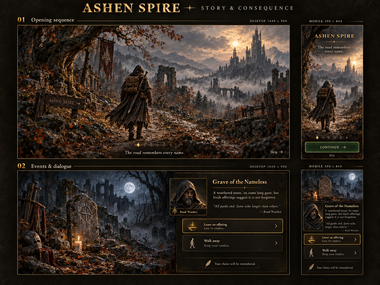 Opening sequence and Events & dialogue: desktop and mobile concept artwork