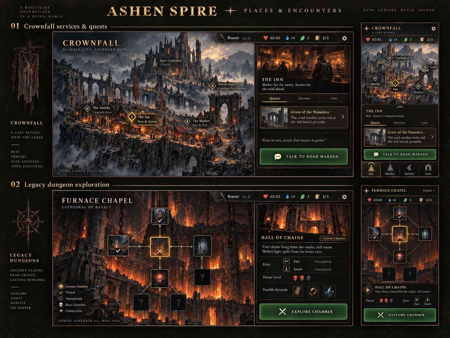 Crownfall services & quests and Legacy dungeon exploration: desktop and mobile concept artwork