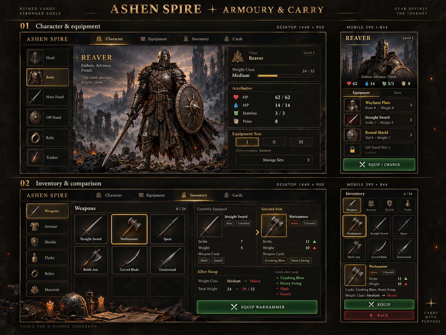 Character & equipment and Inventory & comparison: desktop and mobile concept artwork
