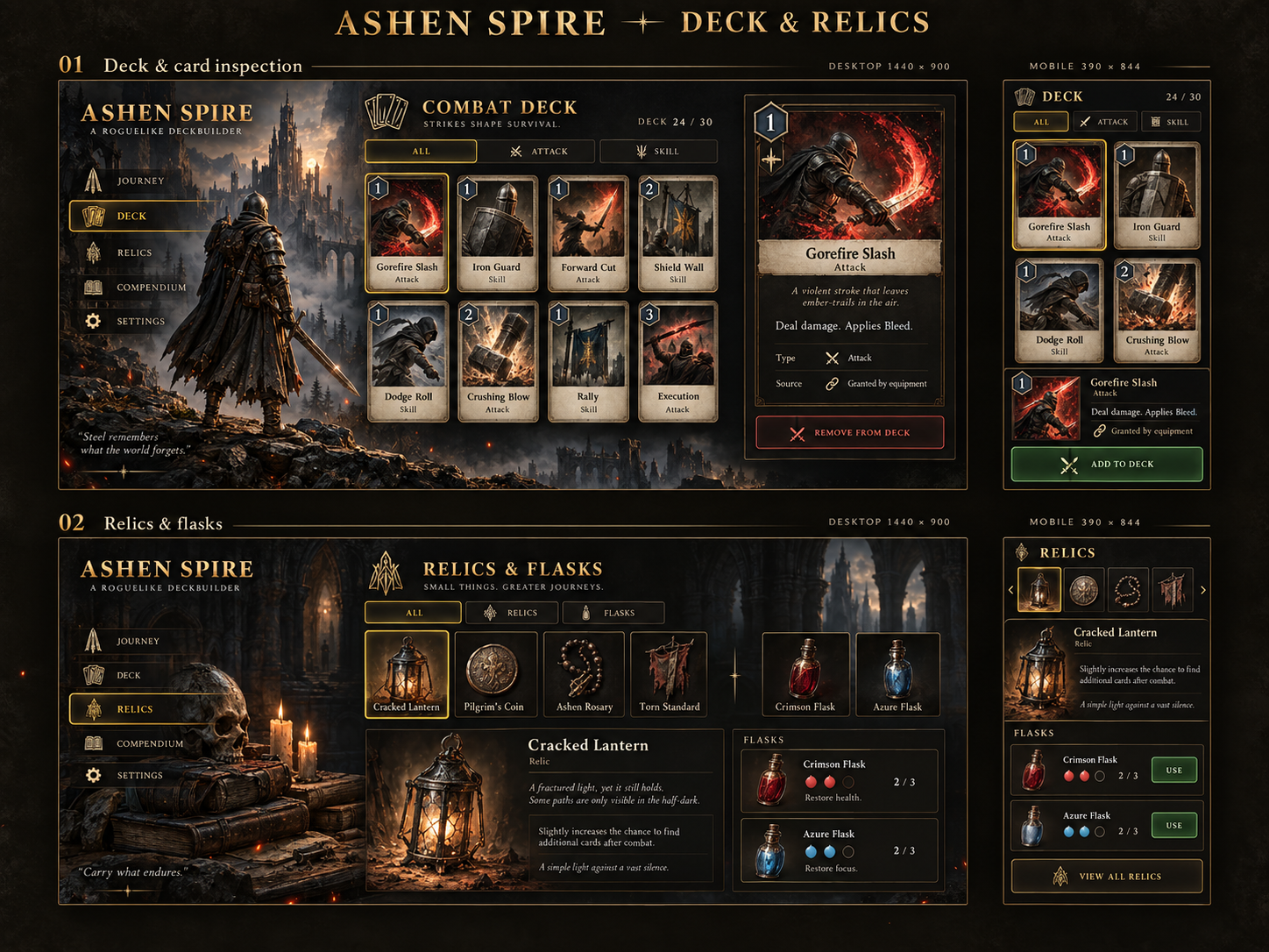 Deck & card inspection and Relics & flasks: desktop and mobile concept artwork