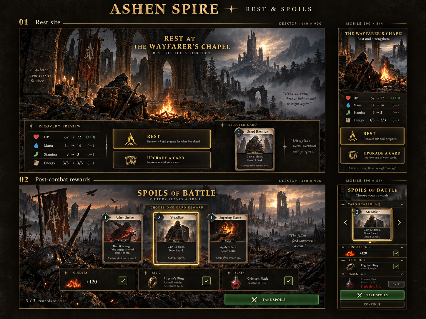Rest site and Post-combat rewards: desktop and mobile concept artwork