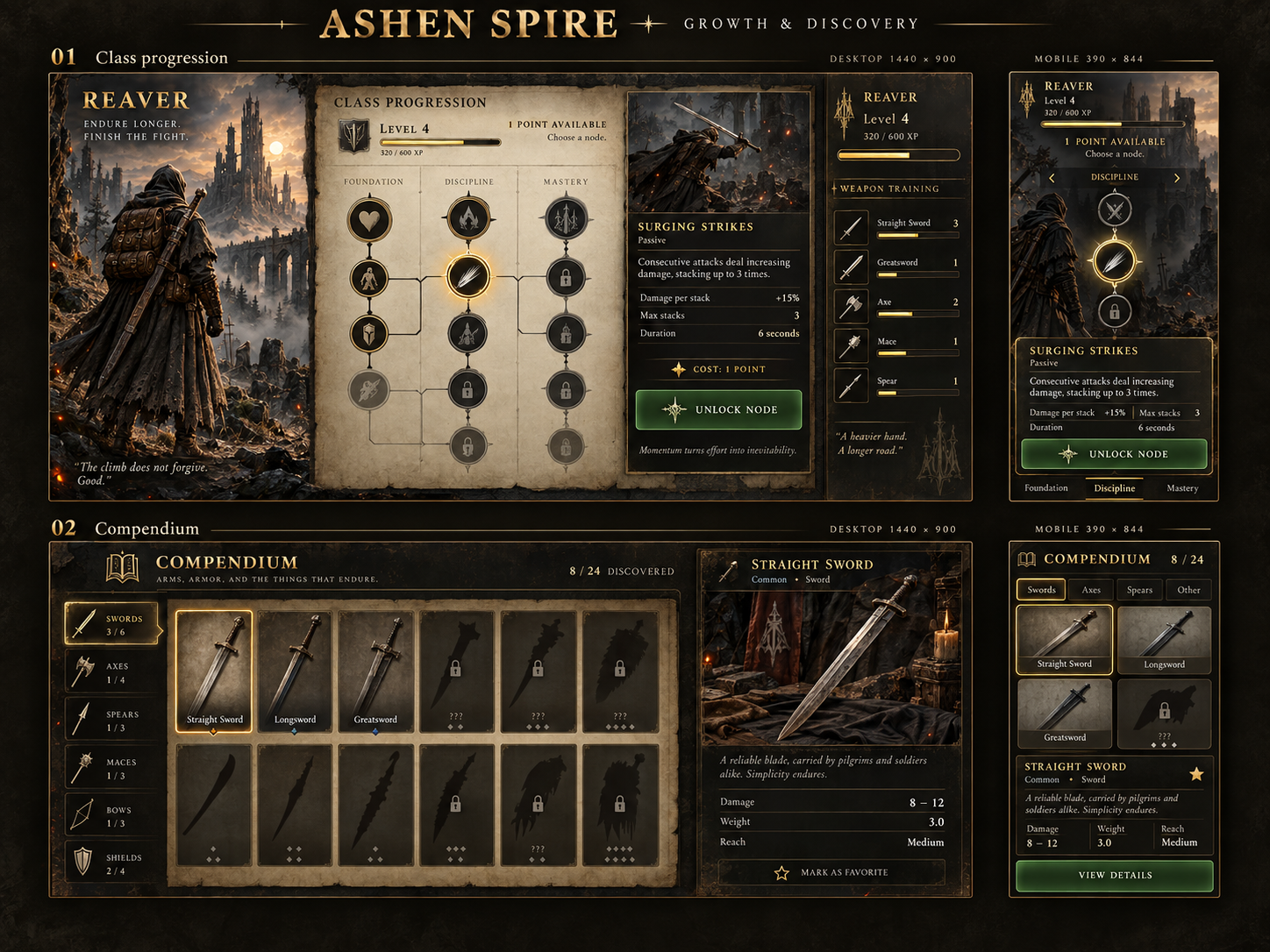 Class progression and Compendium: desktop and mobile concept artwork