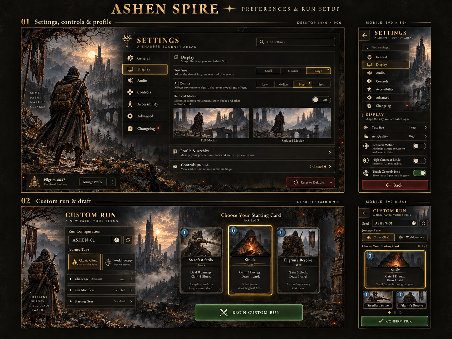 Settings, controls & profile and Custom run & draft: desktop and mobile concept artwork