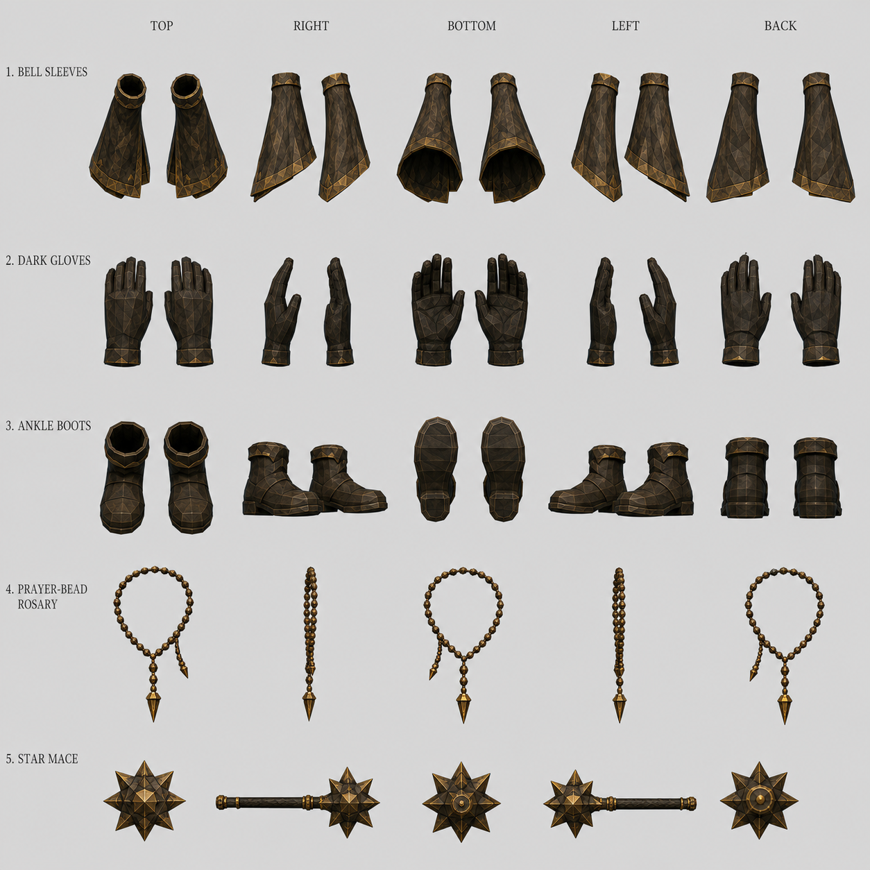 Herald kit turnaround: bell sleeves, dark gloves, ankle boots, prayer-bead rosary and star mace in five views