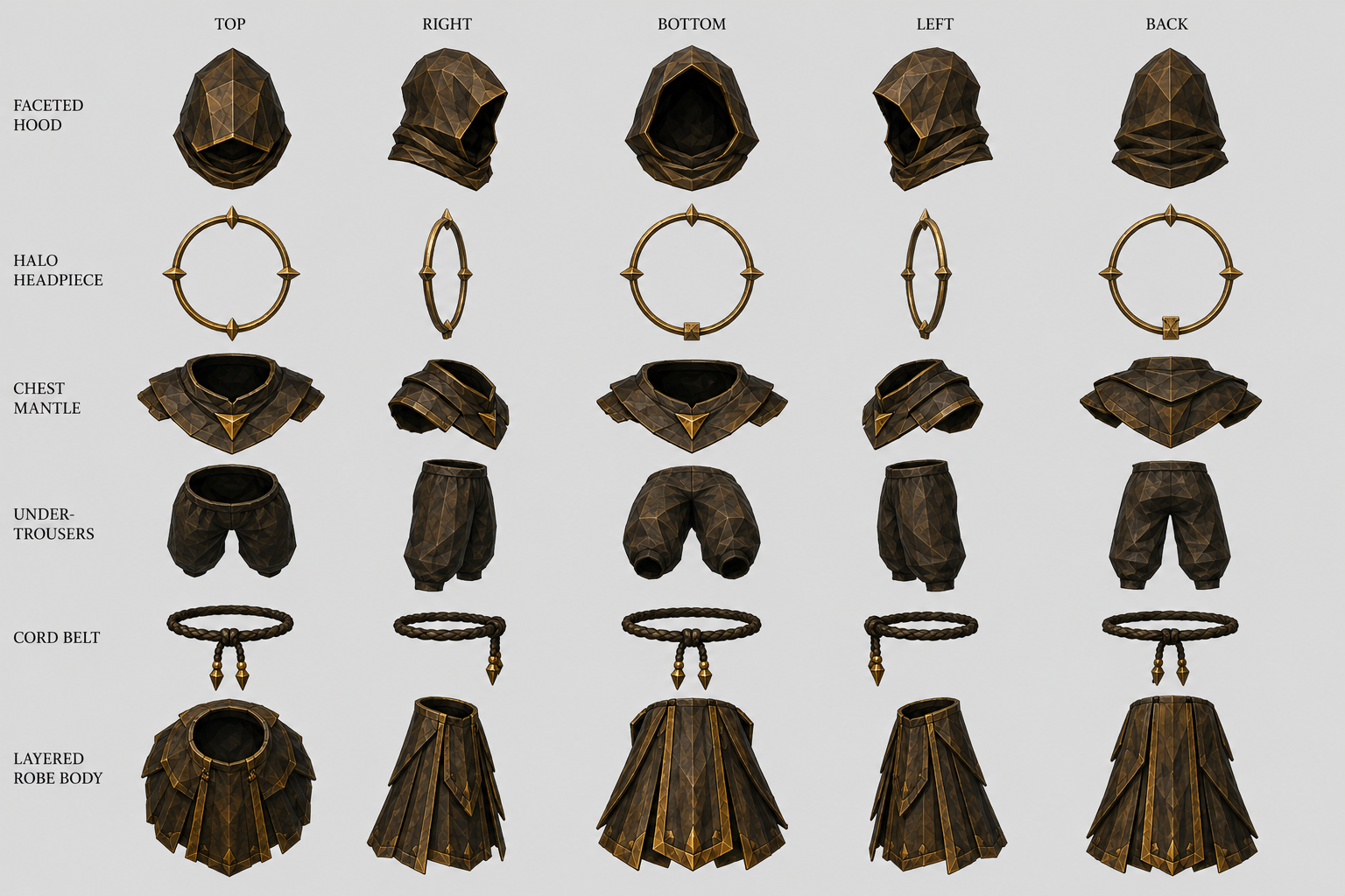 Herald robes turnaround: faceted hood, halo headpiece, chest mantle, under-trousers, cord belt and layered robe body in five views