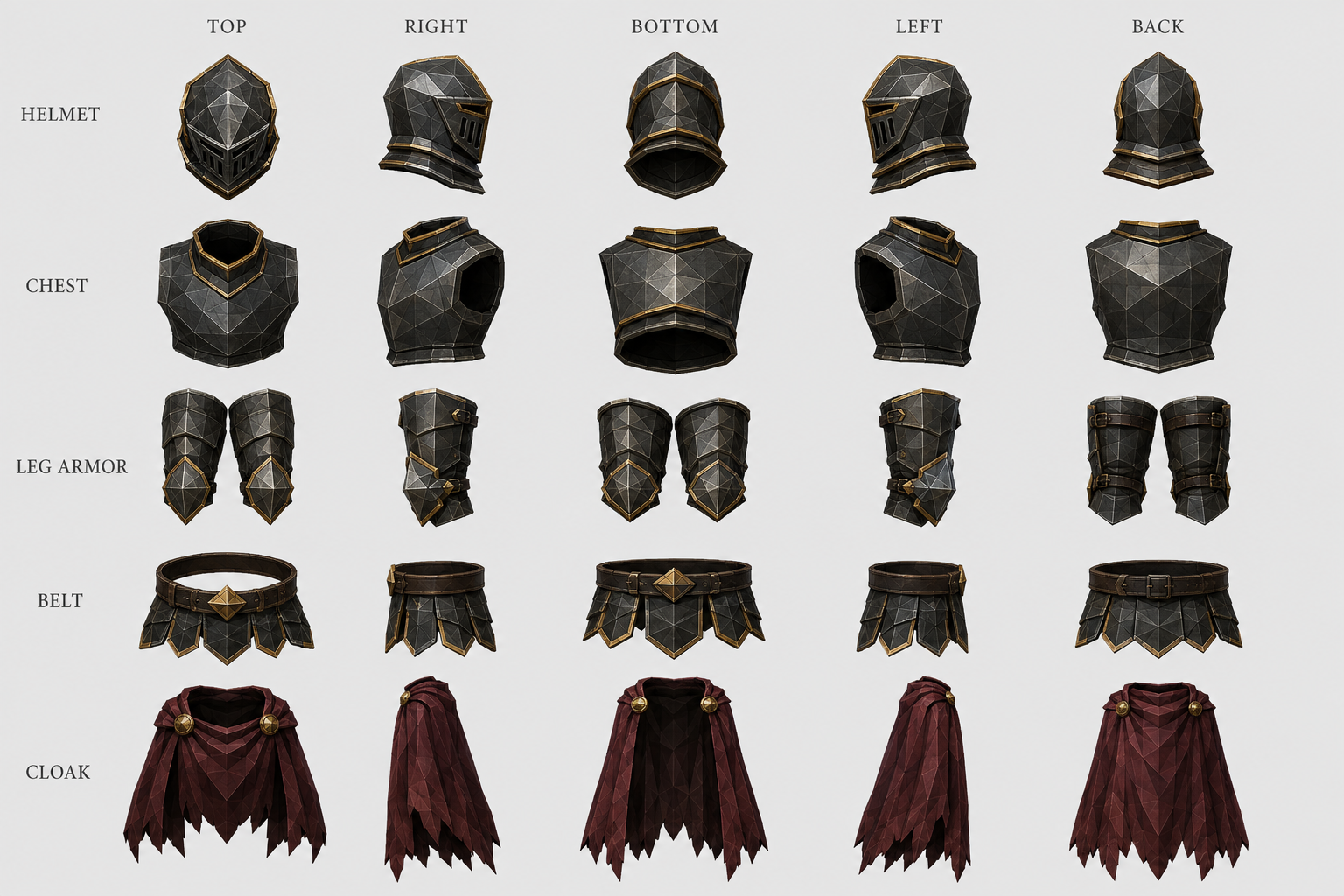 Reaver armour turnaround: helmet, chest, leg armor, belt and cloak in top, right, bottom, left and back views