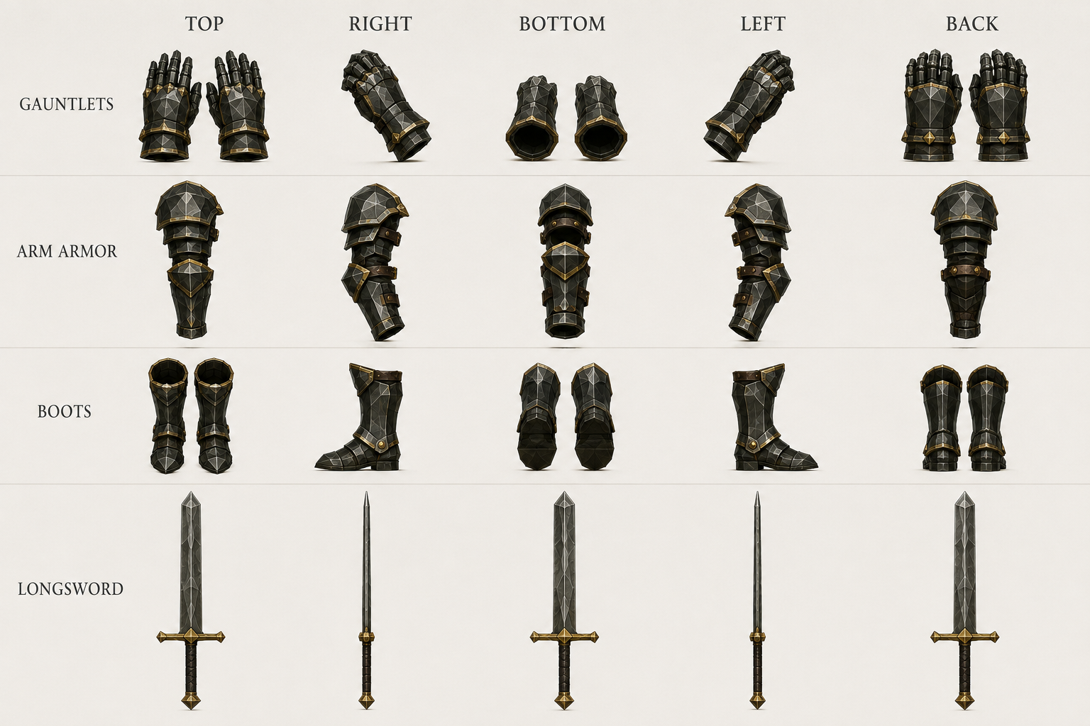 Reaver kit turnaround: gauntlets, arm armor, boots and longsword in five views