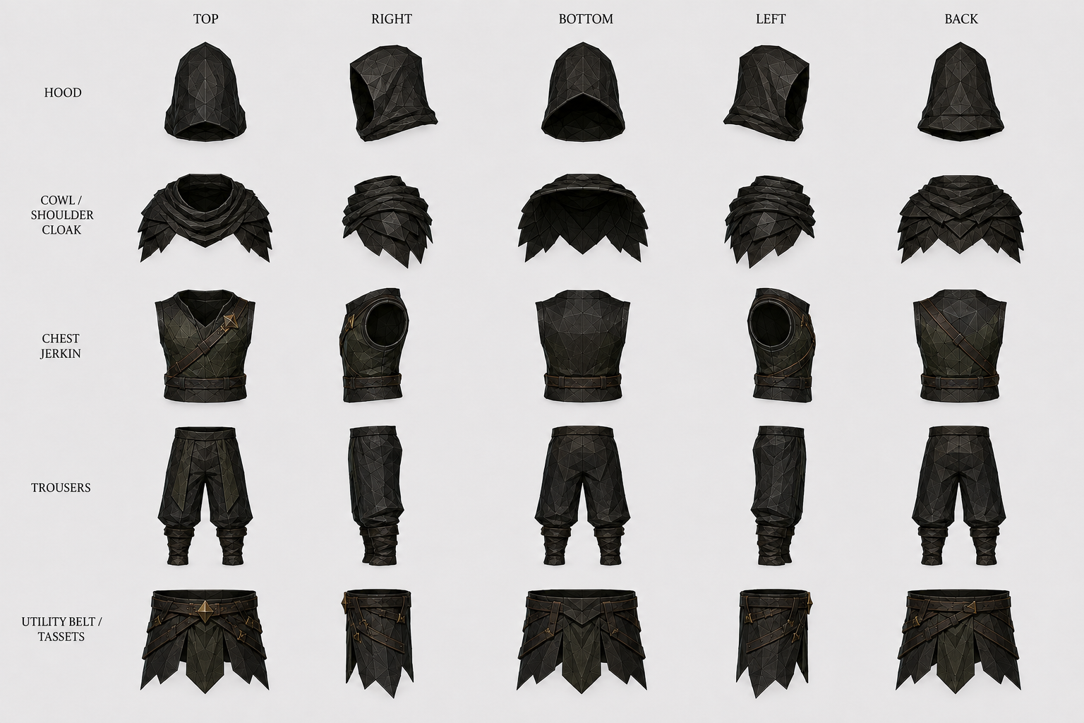 Rogue garb turnaround: hood, cowl and shoulder cloak, chest jerkin, trousers and utility belt with tassets in five views