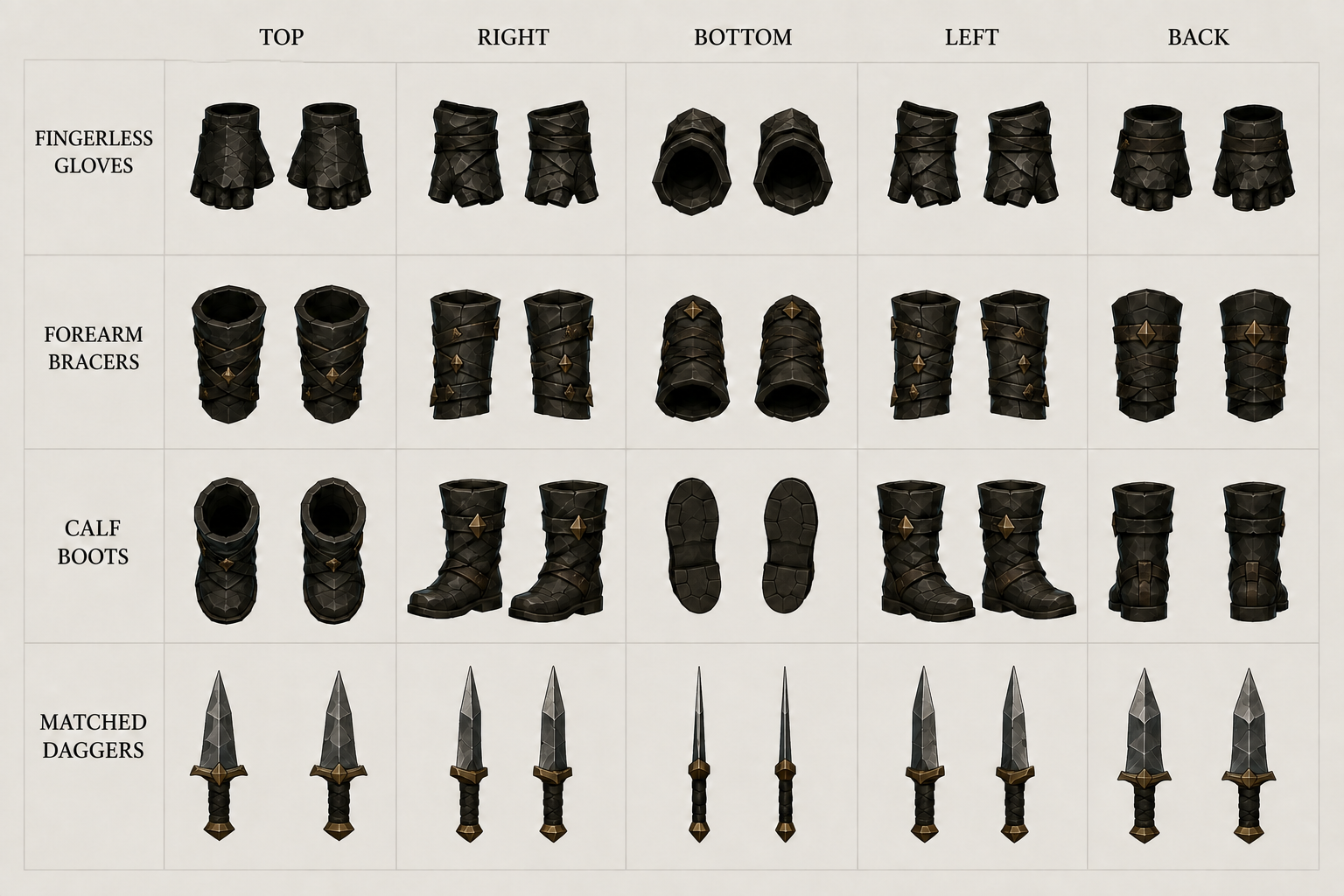 Rogue kit turnaround: fingerless gloves, forearm bracers, calf boots and matched daggers in five views