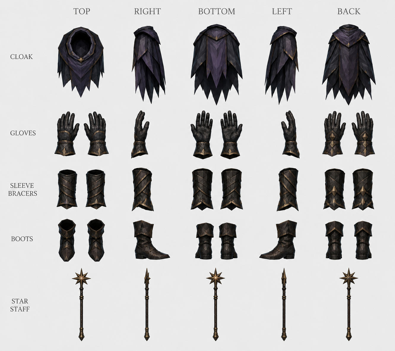 Starseer kit turnaround: cloak, gloves, sleeve bracers, boots and star staff in five views