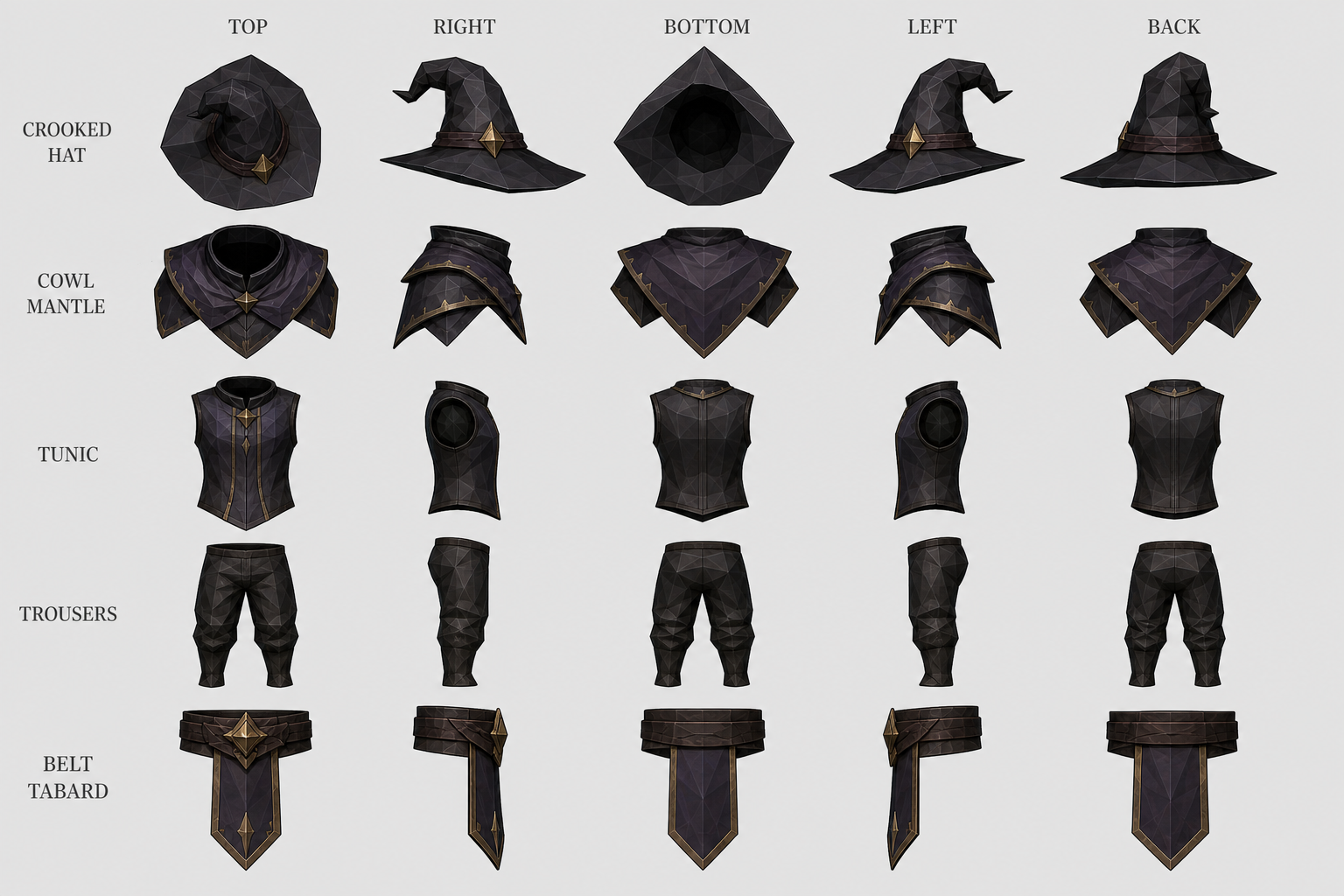 Starseer vestments turnaround: crooked hat, cowl mantle, tunic, trousers and belt tabard in five views